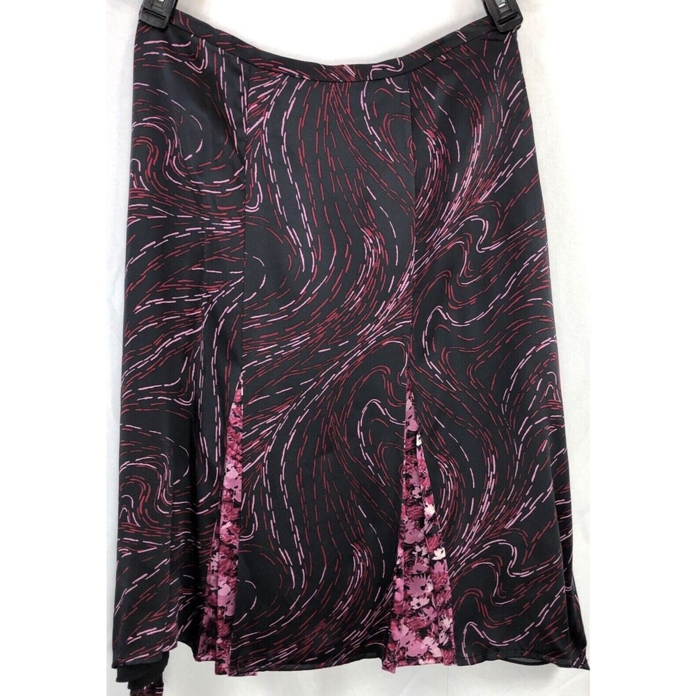 Amanda Smith 100% silk midi a line skirt 10 blk red geo pleated inserts 29"W